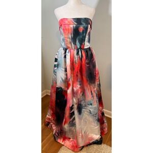 Parker Black Strapless Gown Size 8 Watercolor Floral Print Pleated Formal
